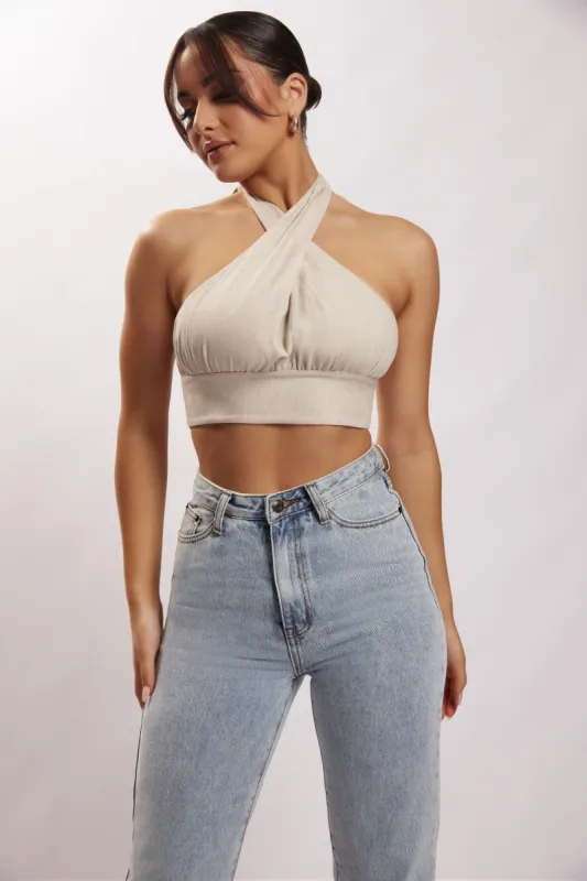 Piper Halter Neck Linen Crop Top - Natural sold by Meshki