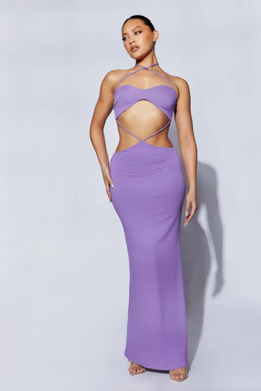 Jules Maxi Triangle Cut Out Dress - Purple sold by Meshki