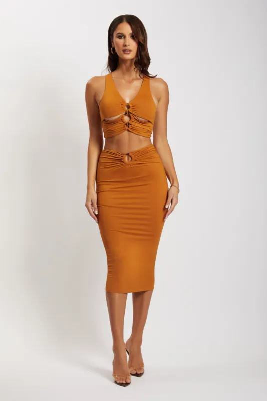 Samara Tortoise Shell Ring Midi Skirt - Burnt Orange sold by Meshki