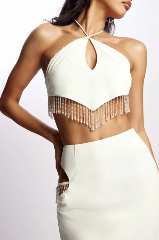 Jayleen Keyhole Triangle Halter Top With Fringe - White sold by Meshki
