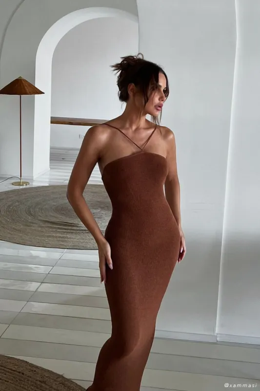 Aryana Asymmetrical Straight Maxi Halter Knit Dress - Clay sold by Meshki