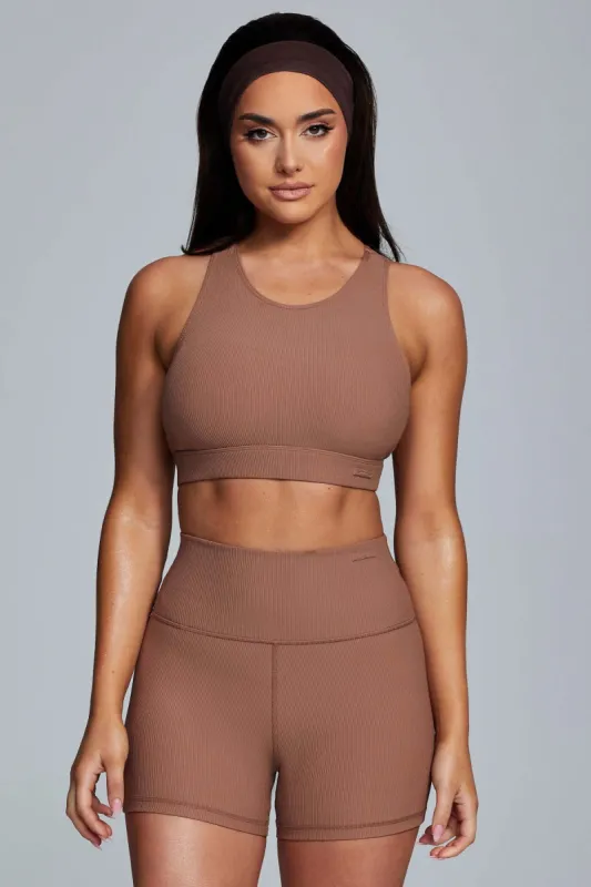 Kenia Ribbed Halter Sports Bra - Mocha sold by Meshki