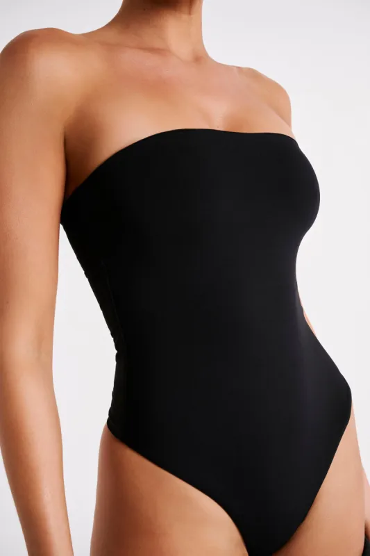 Leighton Recycled Nylon Strapless Bodysuit - Black sold by Meshki