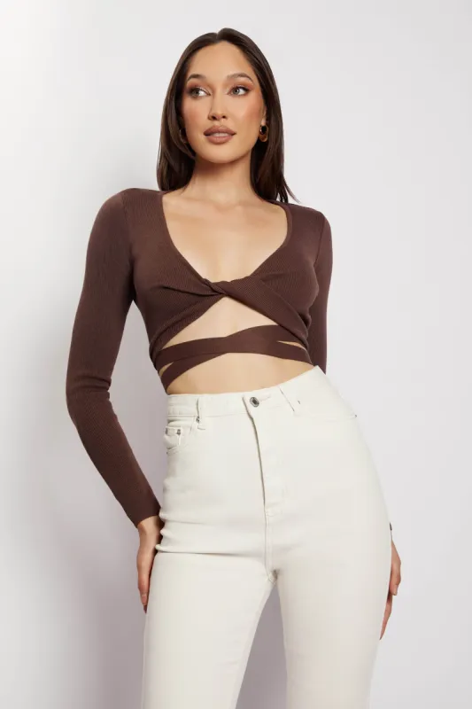 Arzu Wrap Long Sleeve Crop - Chocolate sold by Meshki