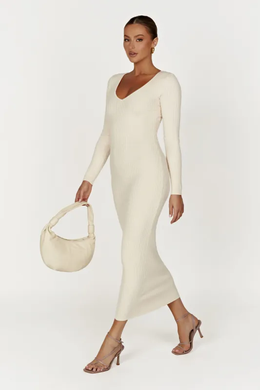 Nina Long Sleeve Knit Midi Dress - Cream sold by Meshki