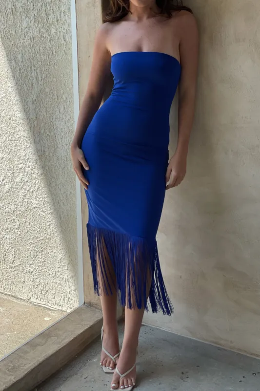Zarina Strapless Fringe Dress - Persian Blue sold by Meshki