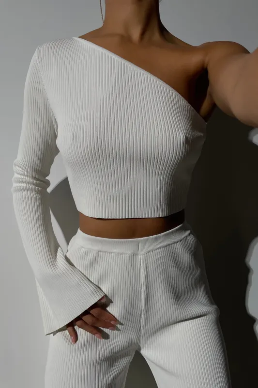 Rue One Shoulder Flare Sleeve Crop Top - White sold by Meshki