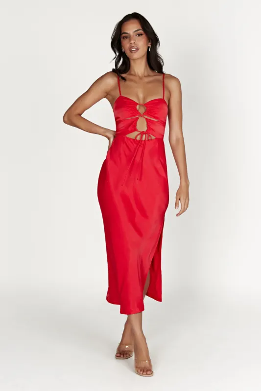 Cassie Ruched Cut Out Midi Dress - Red sold by Meshki
