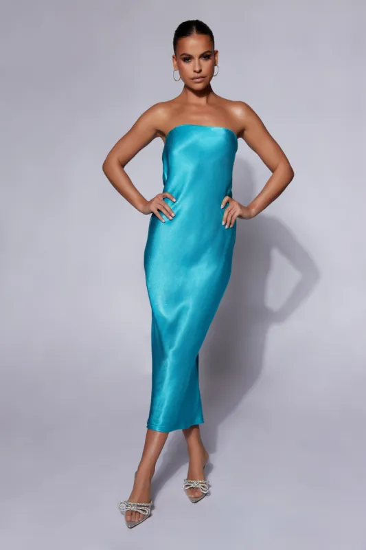 Tyler Strapless Satin Midi Dress - Cyan Blue sold by Meshki
