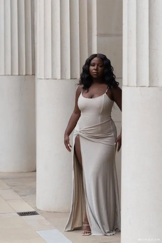 Celene Shimmer Corset Maxi Dress With Twist - Champagne sold by Meshki