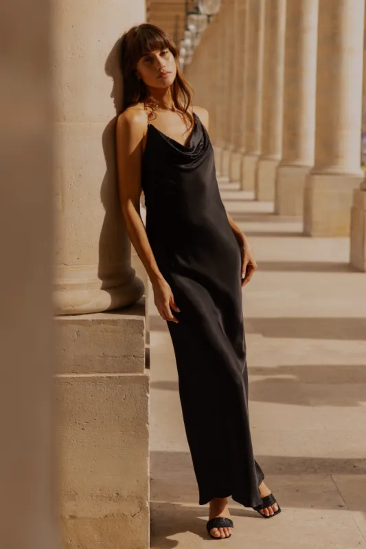 Melissa Satin Cowl Front Maxi Dress - Black sold by Meshki