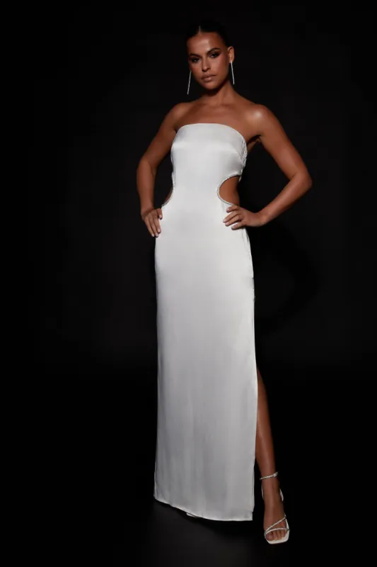 Lawry Diamante Cut Out Maxi Dress - White made by Meshki