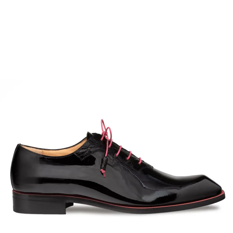 Asymmetrical Hi-Shine/Crocodile Oxford sold by Mezlan
