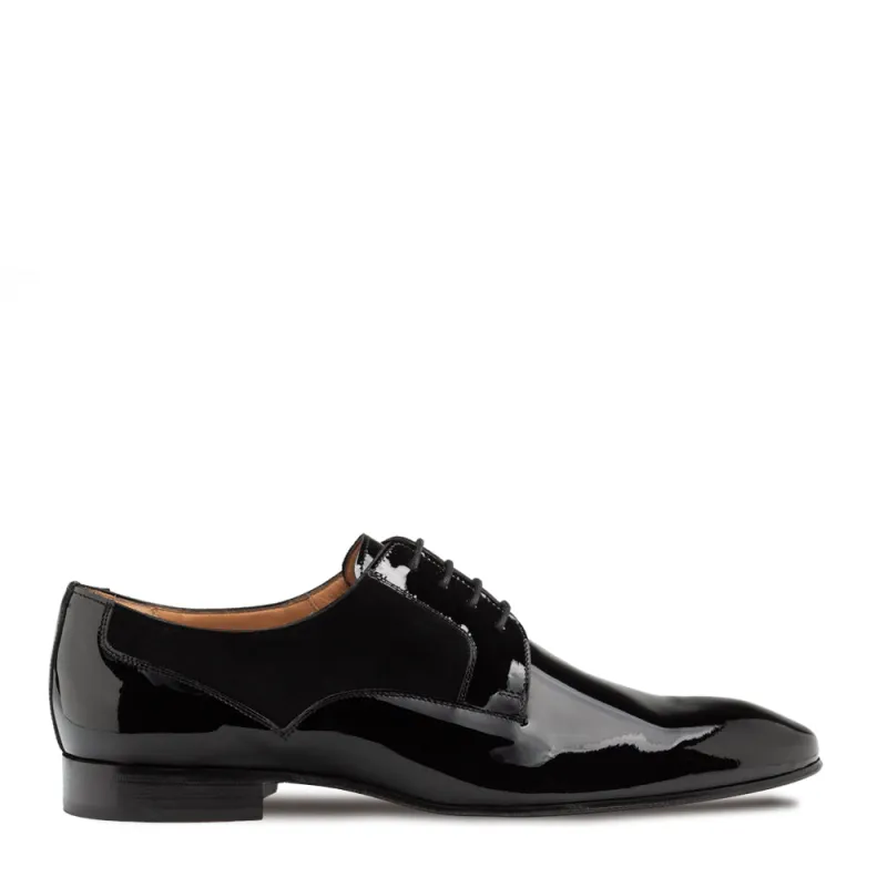 Plain Toe Suede/Patent Leather Derby sold by Mezlan