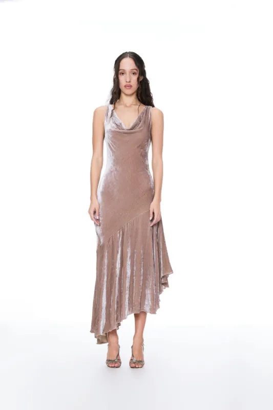BLUSH DRAPED VELVET MAXI DRESS sold by Miaou