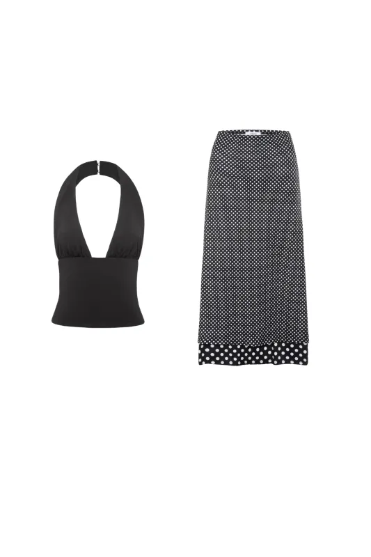 MATHILDE TOP + MARIA SKIRT - BLACK/BLACK AND WHITE POLKA DOT sold by Miaou
