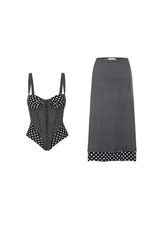 DEVILLE CORSET + MARIA SKIRT - BLACK AND WHITE POLKA DOT sold by Miaou