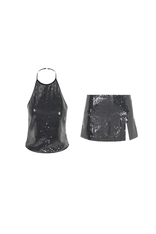 NATALIA TOP + MICRO MINI SKIRT - BLACK SEQUIN sold by Miaou