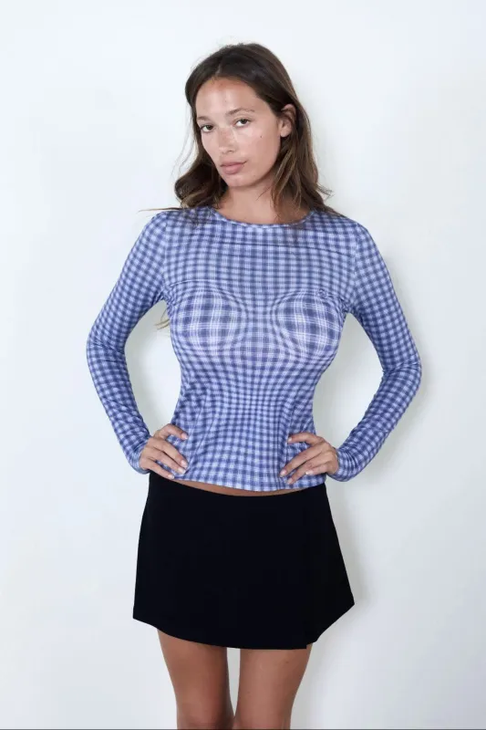 LONG SLEEVE TOP - NAVY WARPED PLAID made by Miaou
