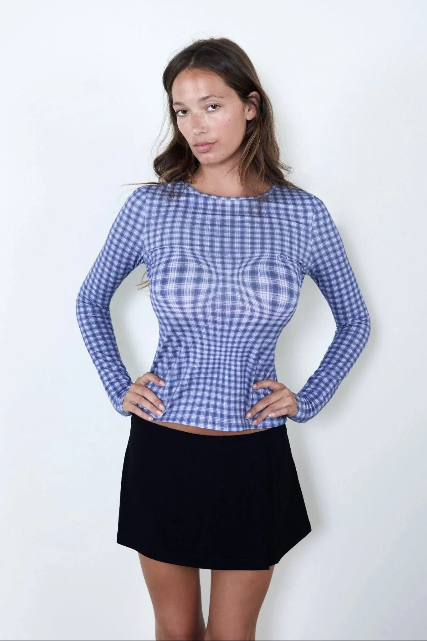 LONG SLEEVE TOP - NAVY WARPED PLAID sold by Miaou