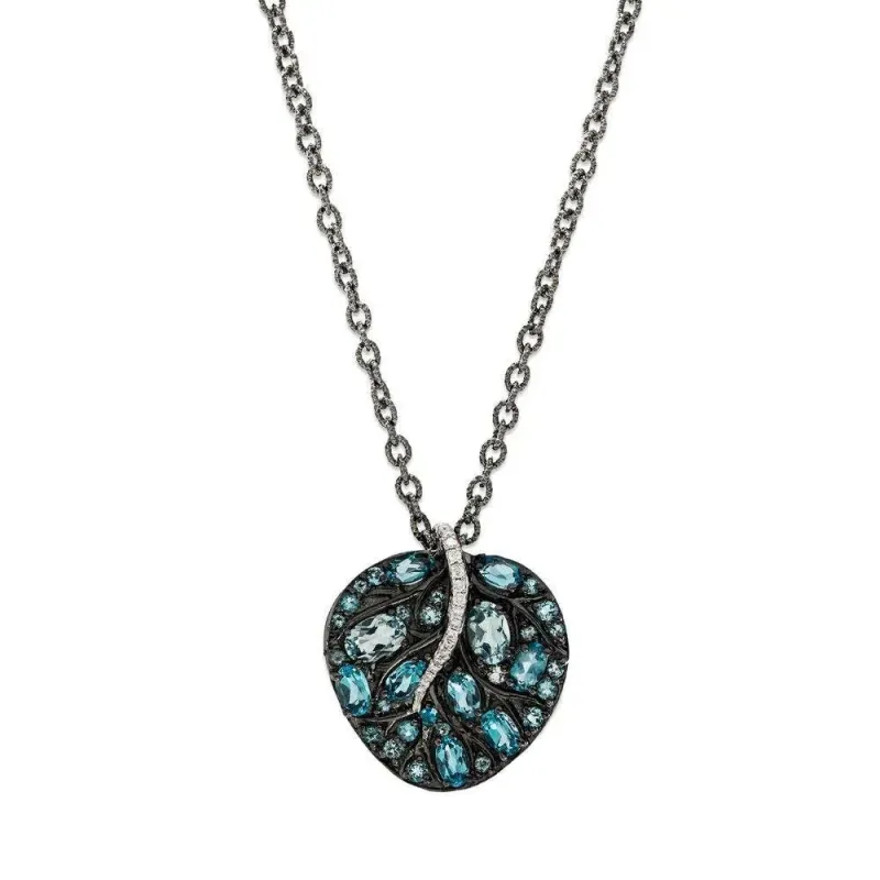 Botanical Leaf Small Pendant w/ Blue Topaz & Diamonds in Black Rhodium Sterling Silver made by Michael Aram