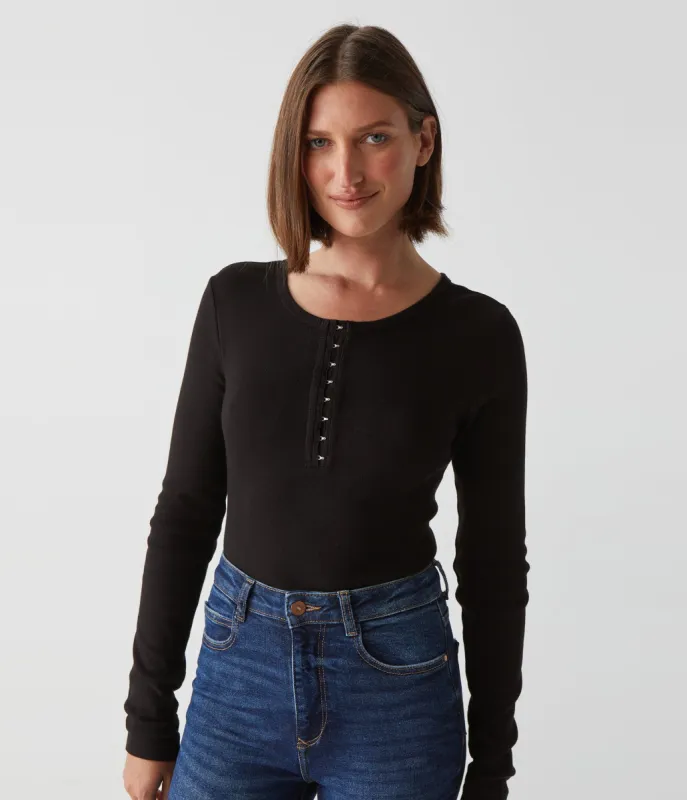 Natalie Hook and Eye Henley Tee sold by Michael Stars