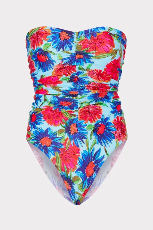 Painted Dahlia Print Ruched One Piece sold by Milly
