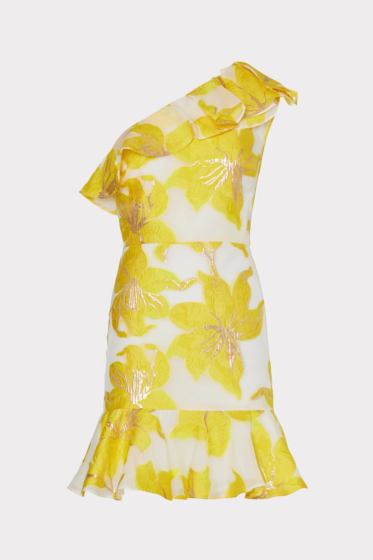 Nila Metallic Fleur Jacquard Ruffle Dress sold by Milly