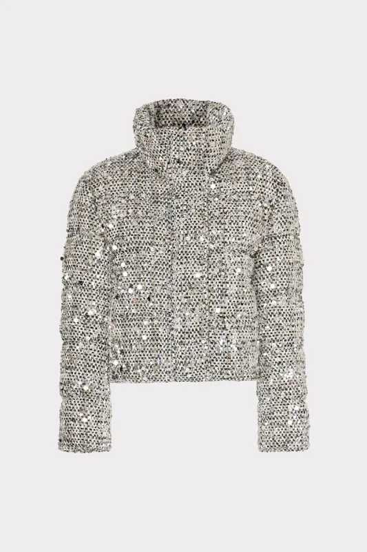 Hayes Sequin Tweed Puffer sold by Milly