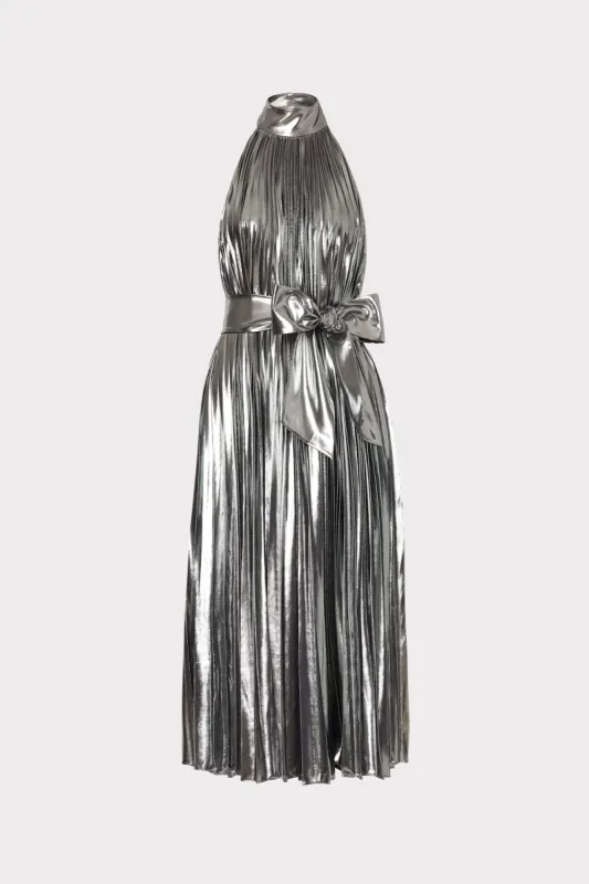 Idena Pleated Lamé Halter Dress sold by Milly
