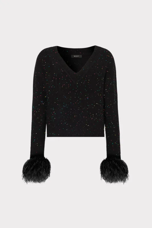 Sequin Feather Cuff V-Neck Sweater made by Milly