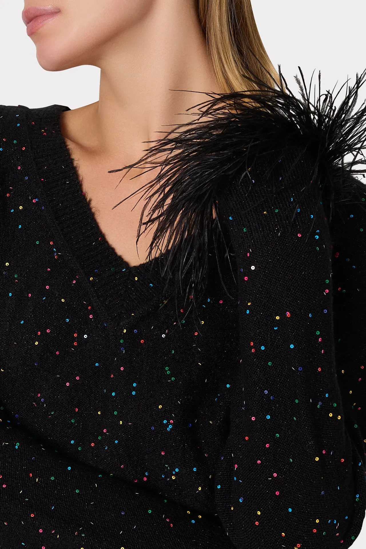 Sequin Feather Cuff V-Neck Sweater sold by Milly product image thumbnail 3