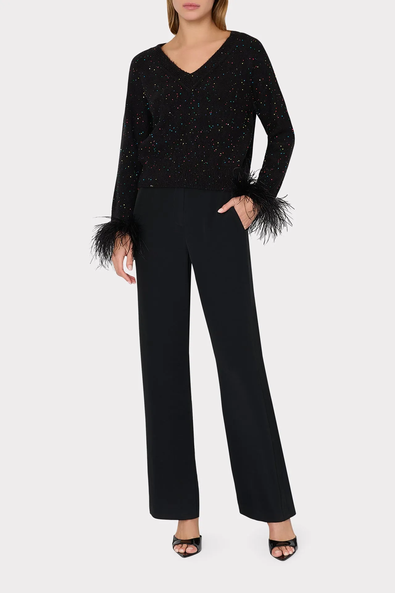 Sequin Feather Cuff V-Neck Sweater sold by Milly product image thumbnail 2