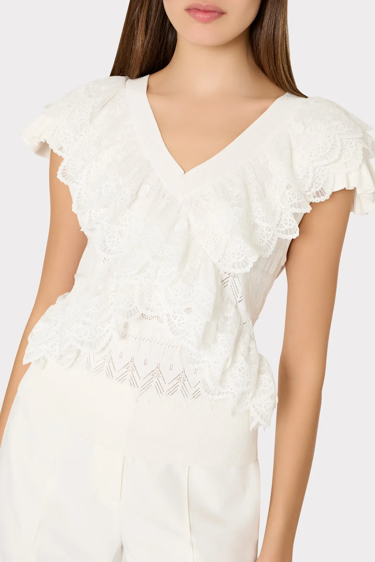 Lace Ruffle Knit V-Neck Top sold by Milly product image thumbnail 3