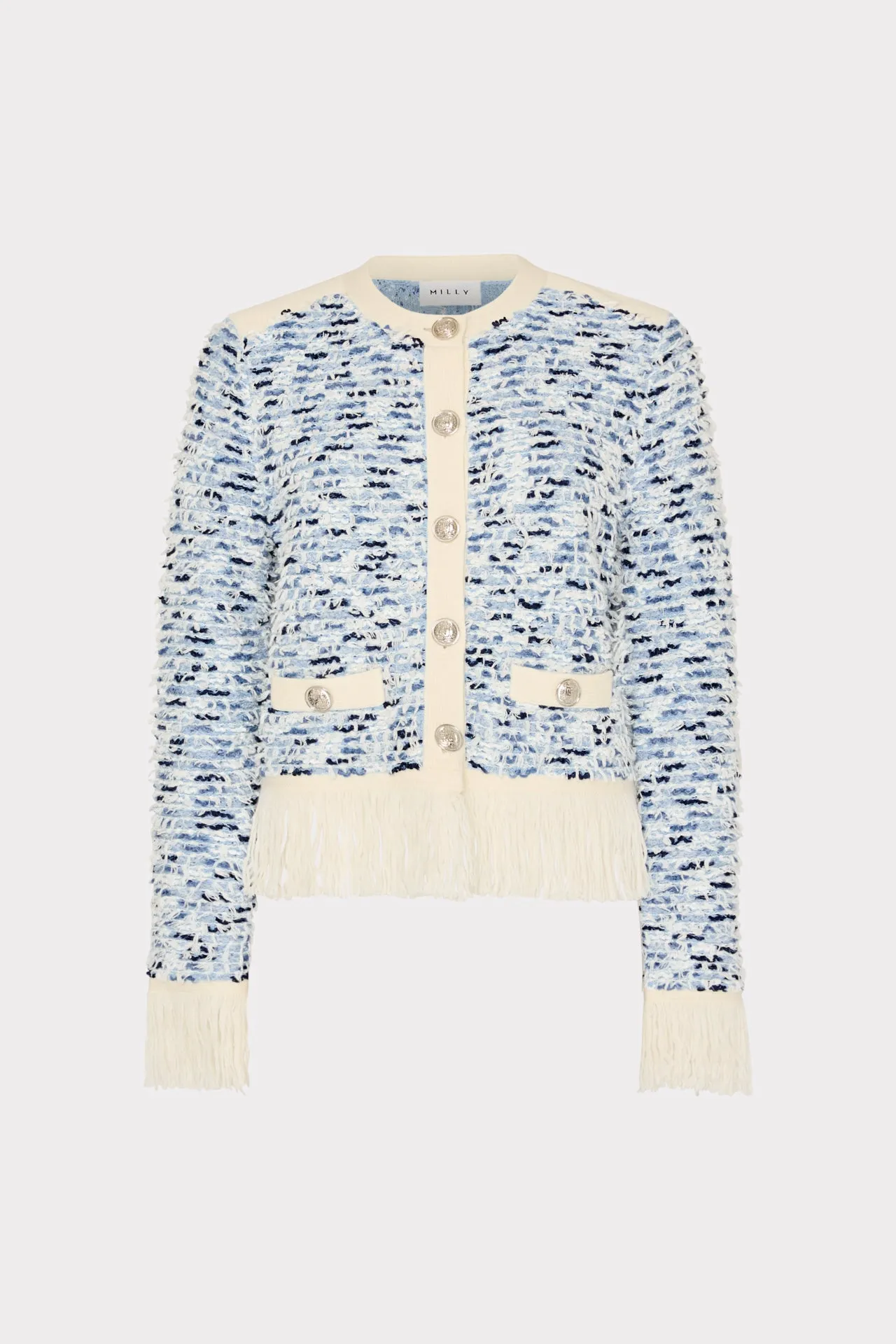 Textured Fringe Trim Cardigan sold by Milly