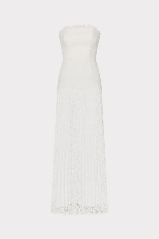Norelle Strapless Mixed Laces Pleated Maxi Dress sold by Milly