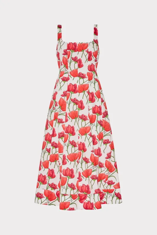Nia Red Peonia Poplin Midi Dress sold by Milly