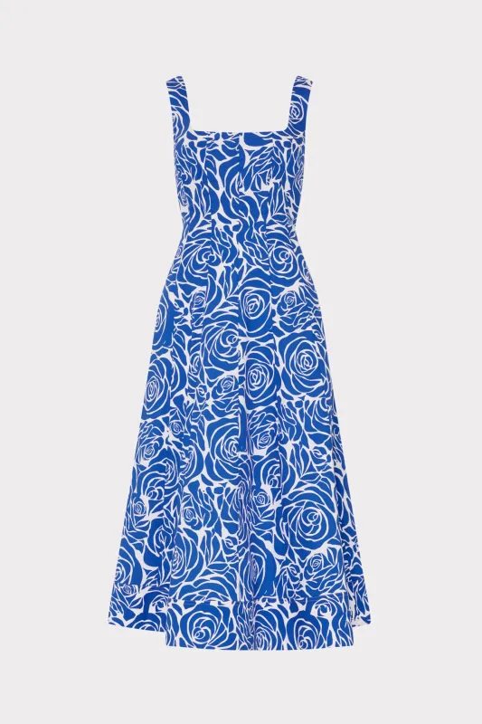 Nia Blue Rose Poplin Midi Dress sold by Milly