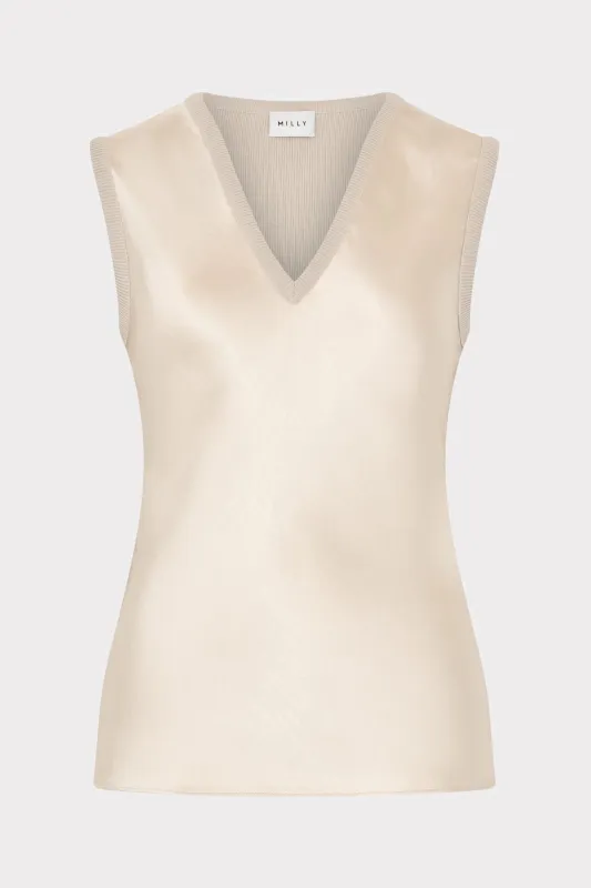 Satin Knit Combination V-Neck Top sold by Milly