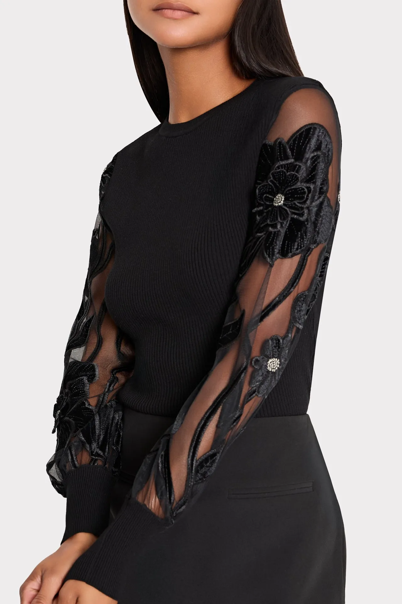 Rosita Velvet Lace Sleeve Crewneck Top sold by Milly product image thumbnail 3