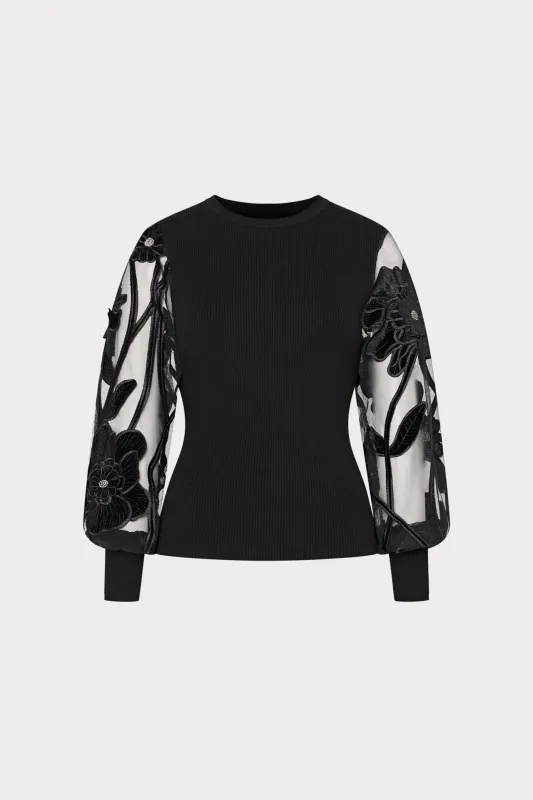 Rosita Velvet Lace Sleeve Crewneck Top sold by Milly