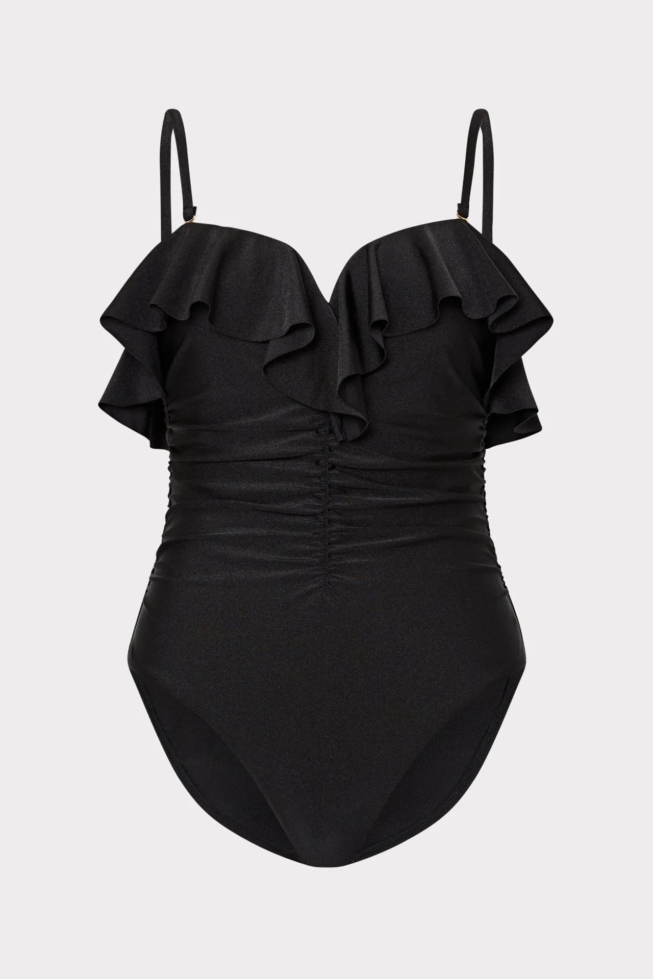 Glossy Strapless Ruffle One Piece sold by Milly