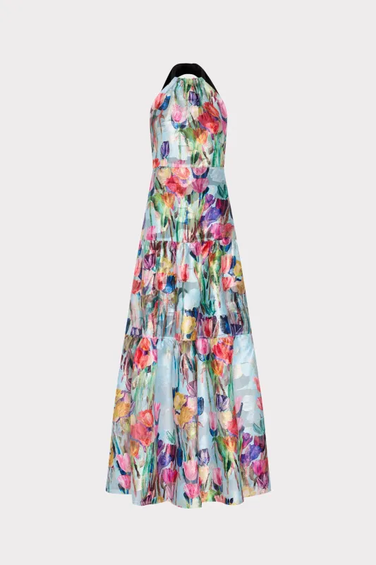 Gizelle Metallic Tulip Halter Maxi Dress made by Milly