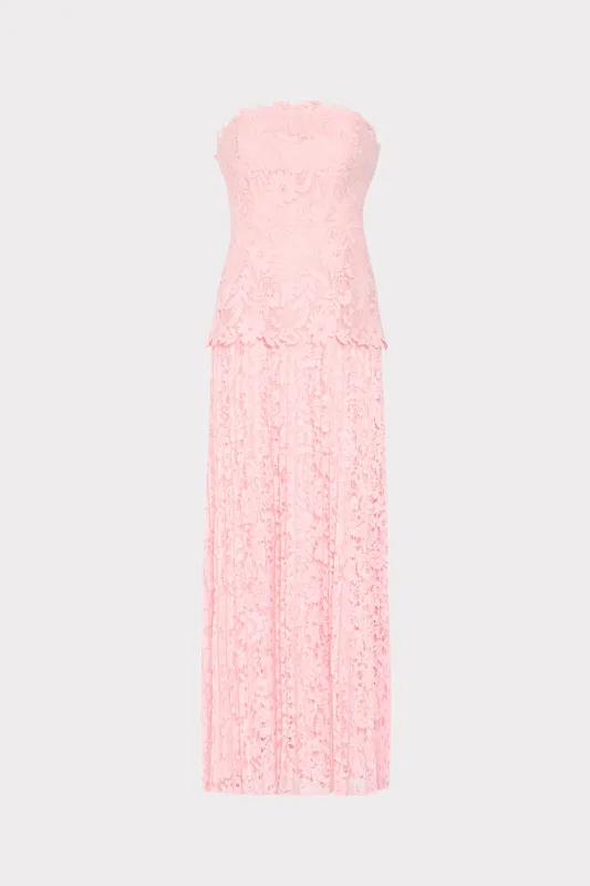 Norelle Strapless Mixed Laces Pleated Maxi Dress made by Milly