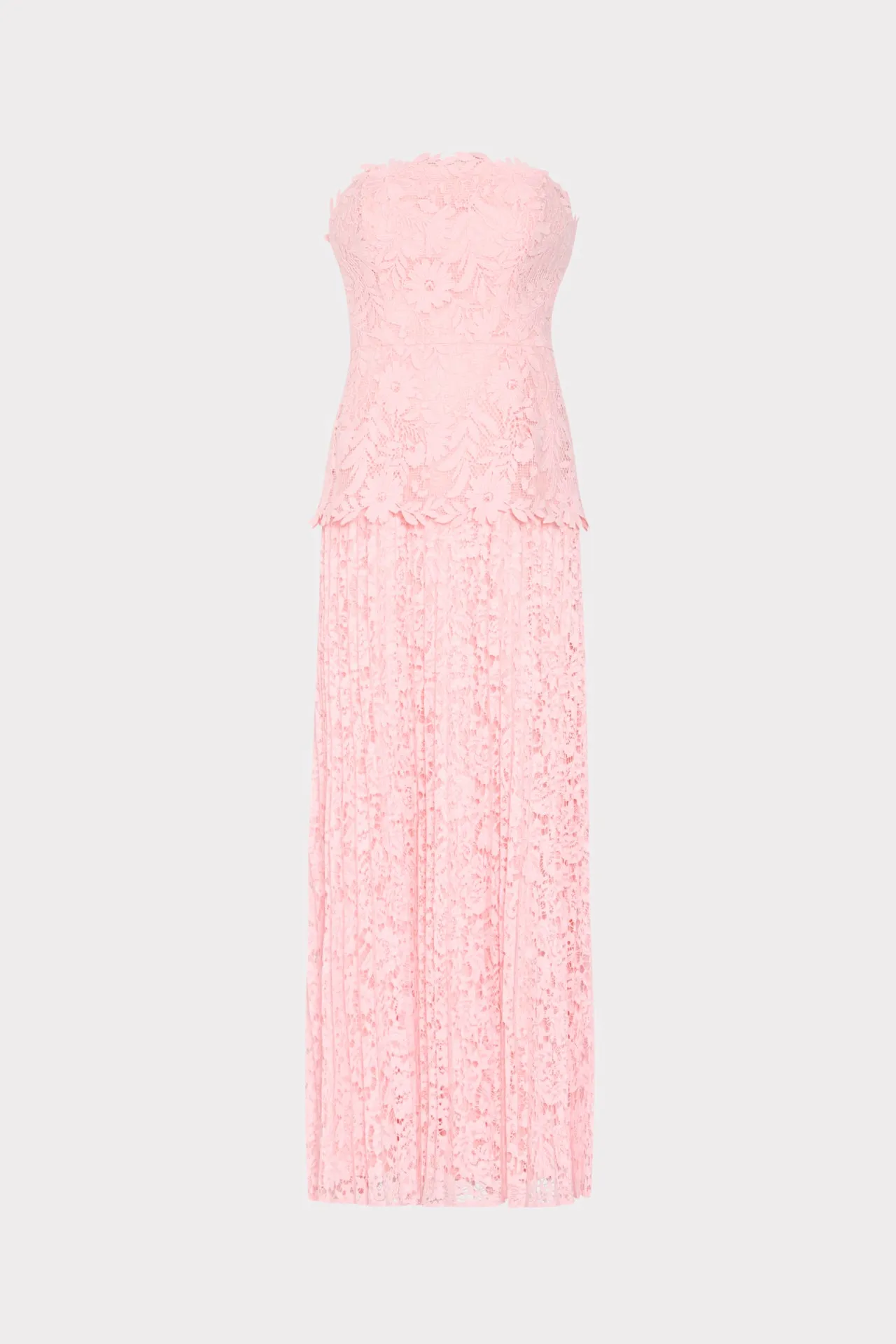 Norelle Strapless Mixed Laces Pleated Maxi Dress sold by Milly