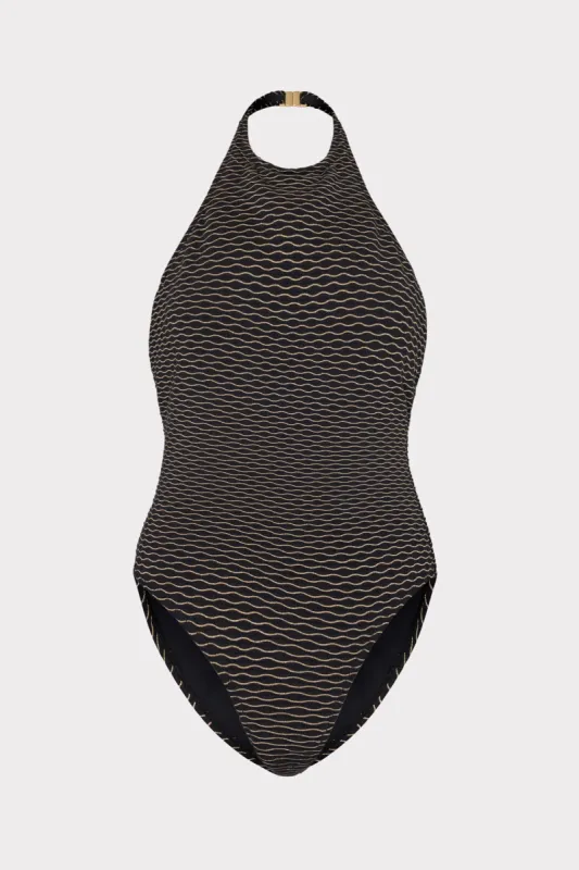 Jackie Textured Waves Halter One Piece sold by Milly