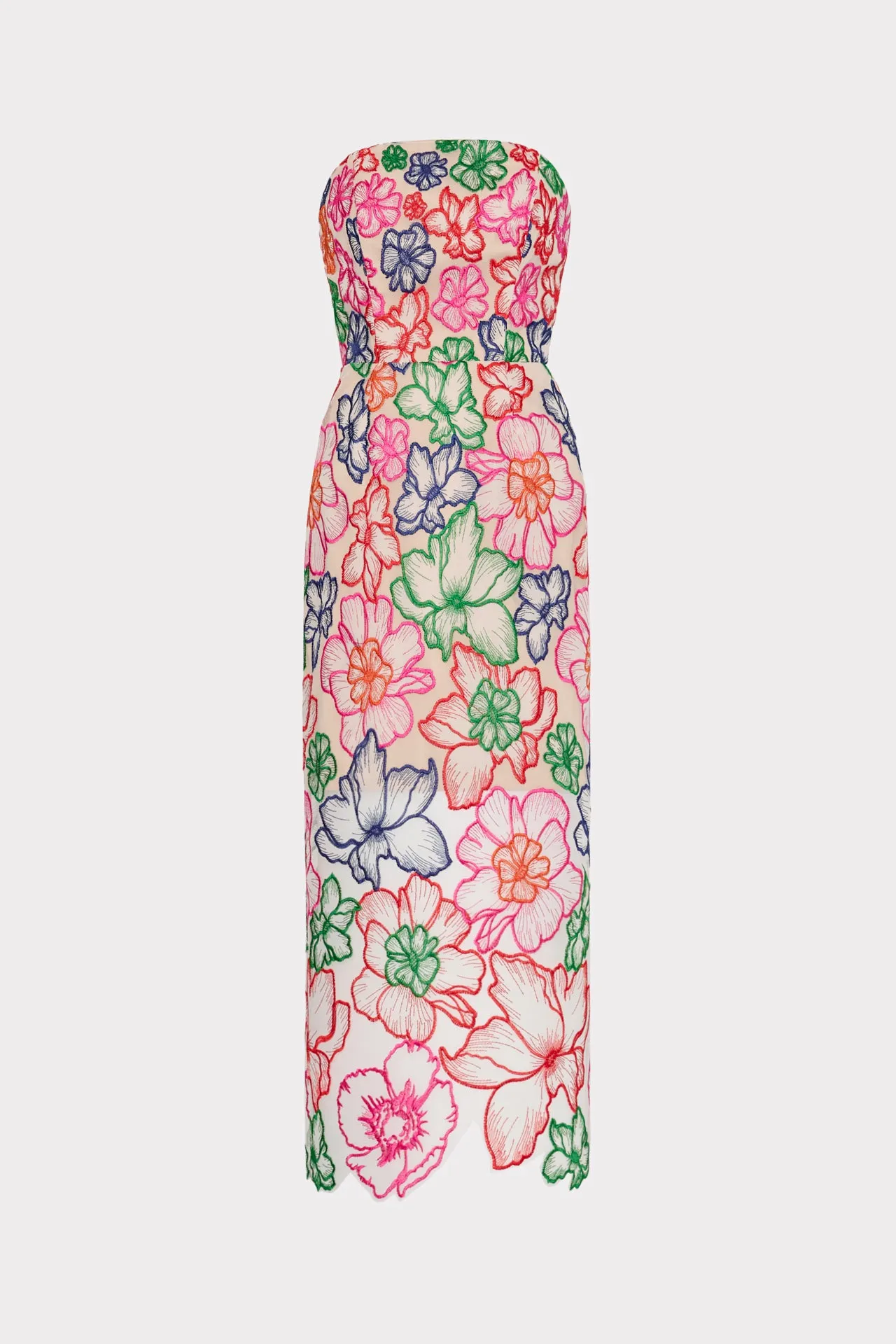 Cascading Floral Embroidered Midi Dress sold by Milly