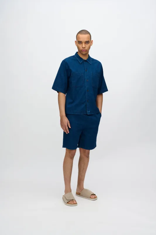 Lennon short sleeved shirt in linen blend 4239 - Sky Captain sold by Minimum