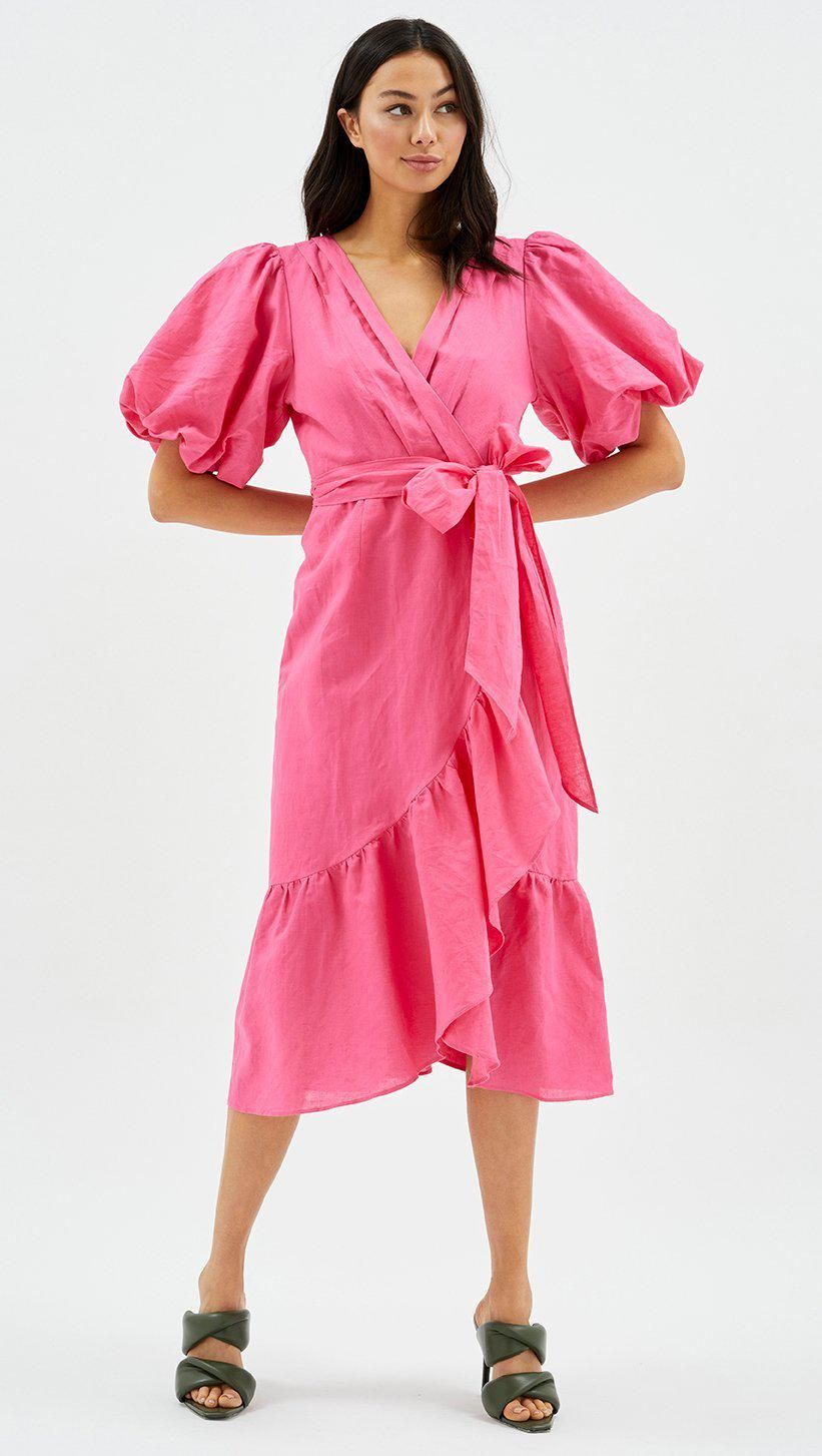 Wrap Frill Midi Dress In Pink sold by MINKPINK