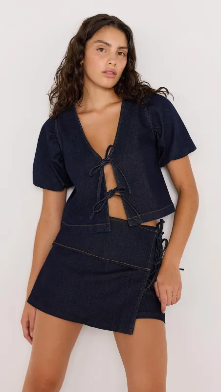 Camilla Denim Tie Wrap Skort sold by MINKPINK